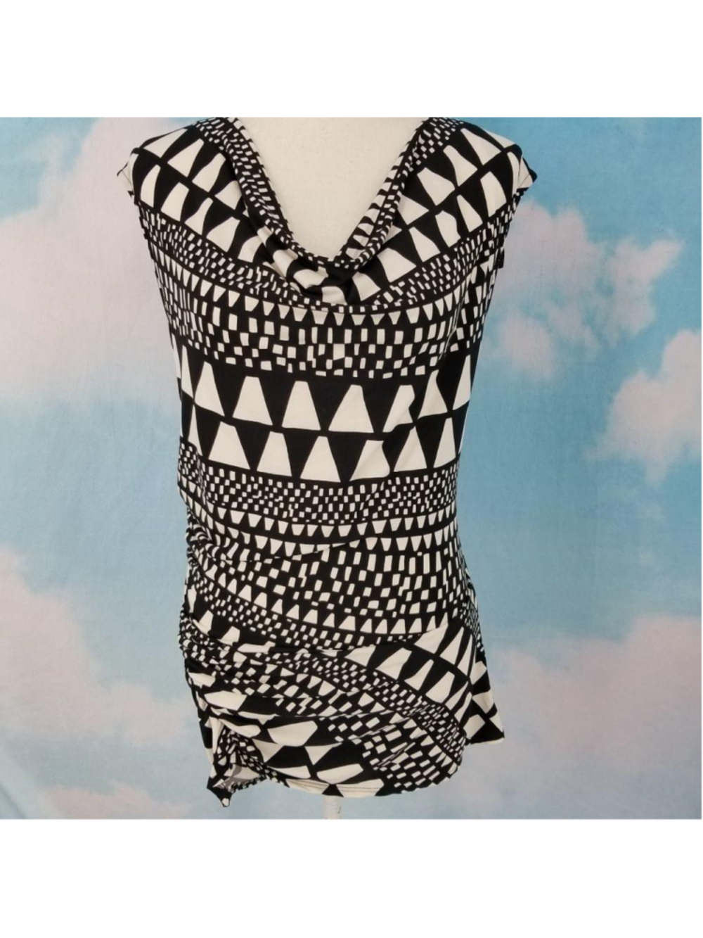 Vince Camuto Cowl Neck Tunic Small Black White Print Ruched Side Sleeveless